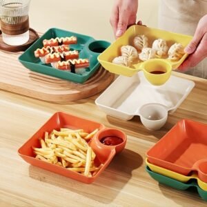 79f15b72dbe1332db06408ef12f73e36 4-Piece Colorful Serving Platter Set – BPA-Free Snack, Sushi, Appetizer & Dessert Plates with Built-in Dipping Bowls for Parties & Everyday Use