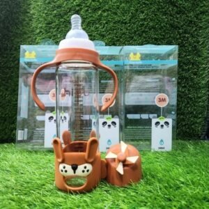 7b9f16e881e8b547014d28b77111871d Premium 240ml Baby Feeder Glass Bottle with Handles | Anti-Colic Regular Nipple & Cute Cartoon Protective Silicone Sleeve | 4 Attractive Colors (3M+)