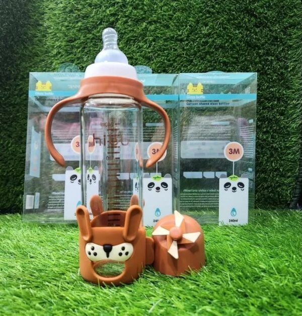 7b9f16e881e8b547014d28b77111871d Premium 240ml Baby Feeder Glass Bottle with Handles | Anti-Colic Regular Nipple & Cute Cartoon Protective Silicone Sleeve | 4 Attractive Colors (3M+)
