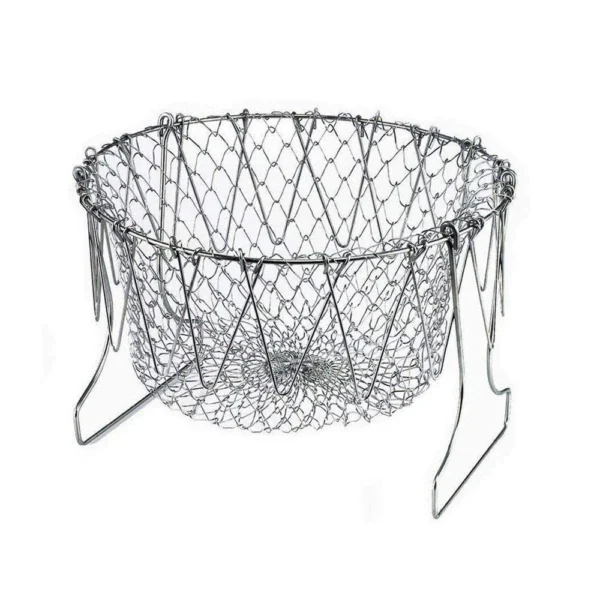Stainless Steel Multi-Functional Foldable Chef Basket – Deluxe Kitchen Colander, Mesh Steam, Rinse, Strain & Fry Basket