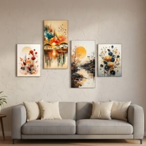 81f7c5e6c06b16cda0911c0b86d6e5c2 Set of 4 Orange Grey African Valley Scenic Lowlands | Wooden Sticky Wall Tiles | 8x16" & 8x11" | Double Tape Included
