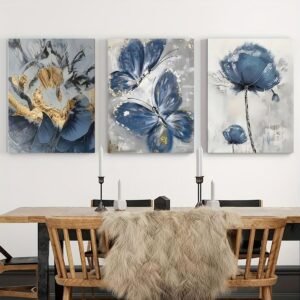886c0e58cb3e832f8e4423a3345b8e04 Elegant 3-Piece Flower Wall Frame Set – Blue & Gold Abstract Art for Modern Décor
