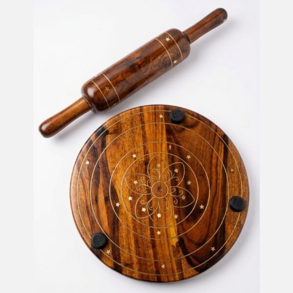8b83cb6adf2ede2b574d985167f9c673 Shesham Wood & Brass Patra Bellon Set – Premium Roti Making Board & Rolling Pin