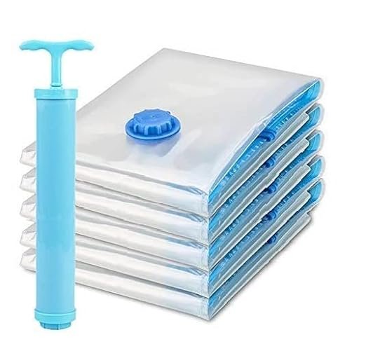 8f6590929bce21ff8b6286ba19bd101a Vacuum Storage Bags Set (5 Bags + 1 Hand Pump) – Reusable Space Saver Compression Bags for Clothes, Bedding & Travel