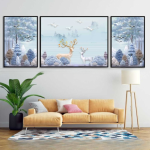3pcs Deer And Forest Design Stickytiles Frame Providing Unique Natural Artwork Elegant Look