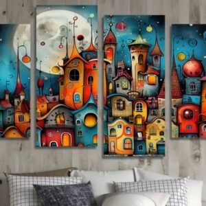 929b5239ea8d7c9a9945808eb0795bde Abstract Fantasy City Wall Art Canvas Set – Colorful Modern Decorative Panels (Size : 2pcs 8*14 & 2pcs 8*16)