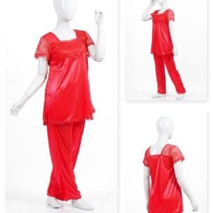 930cee3a02ec2f2ce036711125d97a86 2 Pcs Premium Silk Lace Women's Sleepwear Set T-Shirt & Trouser Nightwear (Free Size)