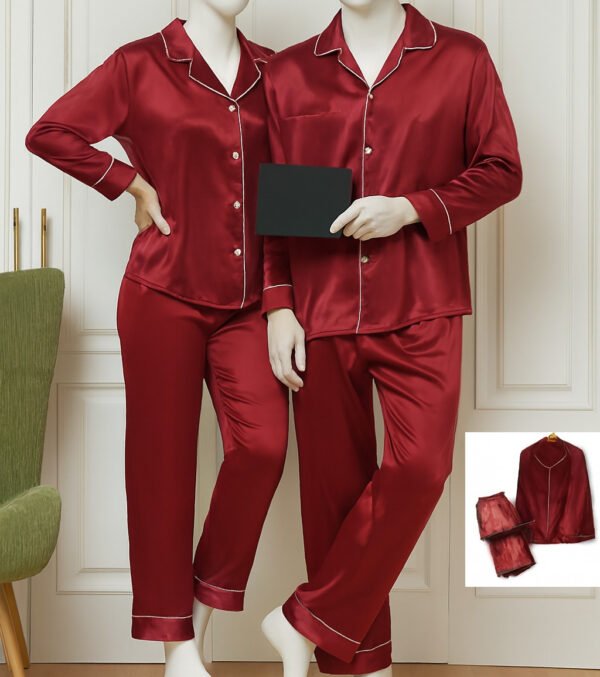 9461180ad013bd393398423145ed3608 Classic Couple Night Suit Silk Satin Pajama Set – Long Sleeve Top & Full-Length Pants (4 Pcs) | DC-C007