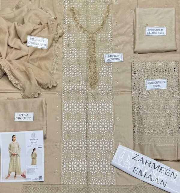 94b4b03b3cd6bb03bbf7293efeb83adf Zarmeen Emaan Article 934 Luxury Embroidered Shirt Front Back Sleeves Neckline Daman Patch Premium Viscose Trouser Pure Bamber Chiffon Dupatta