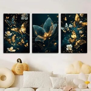 3 Pcs Butterfly Wall Art Frame Set – Elegant Golden Butterfly And Floral Design With Wooden Sticky Tile – 8x11 Inches With Double Tape