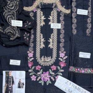 9c112eac2695e3d739ae8e1104f2fcc0 Zarmeen Emaan Artical-939 Fancy Embroidered Shirt Front Back Sleeves Daman Patch Neckline With Premium Viscose Trouser And Pure Bamber Chiffon Dupatta