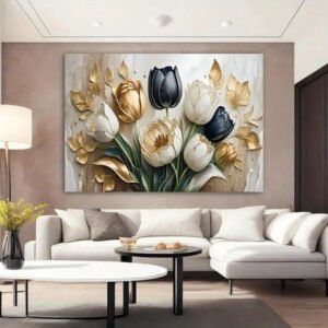 9e754a5a19f127ba6dedcc73a236177e Modern 3D Effect Luxury Floral Wall Art Frame Featuring Golden and Black Tulips Abstract Oil Painting Style Decor Size 12x16 with Double Sided Tape