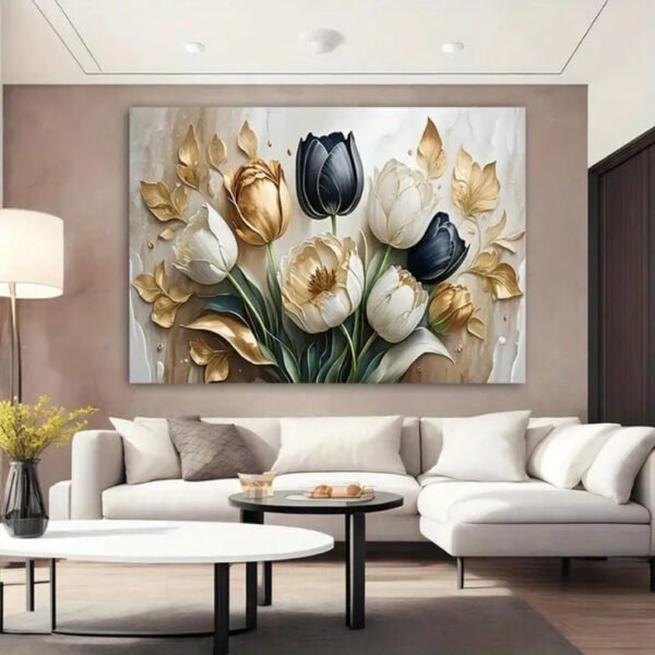 9e754a5a19f127ba6dedcc73a236177e Modern 3D Effect Luxury Floral Wall Art Frame Featuring Golden and Black Tulips Abstract Oil Painting Style Decor Size 12x16 with Double Sided Tape