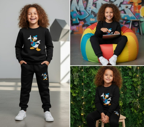 9fd312fba46d4bee99bf50c25fd95a51 Black Duck Printed Kids Tracksuit | Winter Fleece Sweatshirt & Trouser Set – Warm, Soft & Stylish Garments for Boys & Girls FOR BABY AND KIDS