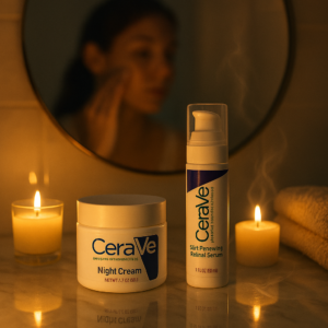 Copilot_20250828_162436 CeraVe Skincare Set – Night Cream, Retinol Serum, Acne Foaming Cream Cleanser, and Hydrating Mineral Sunscreen SPF 50 – Dermatologist Developed