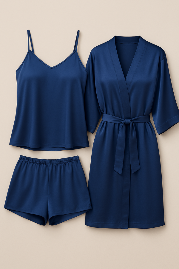 Copilot_20250829_163420 3-Piece Satin Sleepwear Set for Women – Camisole, Shorts & Robe | Elegant Nightwear & Loungewear – Free Size (DC-3003)