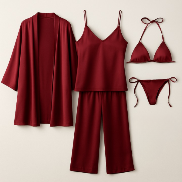 Copilot_20250830_130627_cleanup 5-Piece Satin Sleepwear Set – Robe, Camisole, Pants & Bikini Nightwear ( DC-5002)
