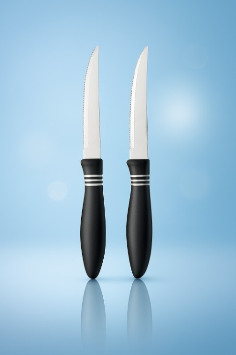 Serrated-Kitchen-Knives-on-Blue_cleanup 2 Pcs Concord Stainless Steel Kitchen Knife – Multipurpose Table Knife with Serrated Edge, 12 cm (Random color)
