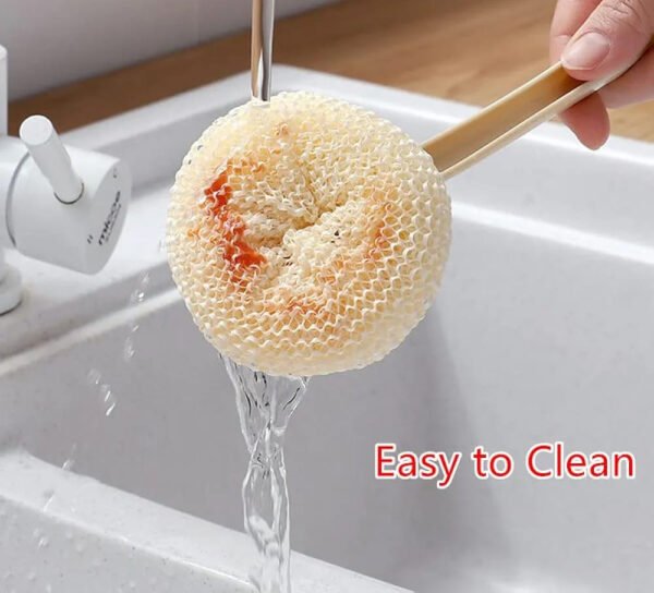 Multipurpose Fiber Cleaning Balls with Long Handle – Reusable Scrubbers for Kitchen & Household Cleaning (1 Handle & 3 Balls)(Random color)