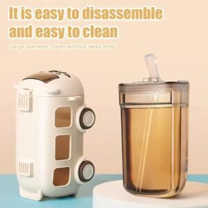 School Bus Design Kids Water Bottle With Strap– 600ml ABS Plastic Leak-Proof Bottle Small Square Drinking Cup – Fun & Durable Water Bottle for Children (Random Color)