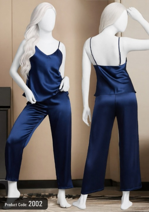 Satin Sleepwear Set - Spaghetti Top And Loose Trouser - Free Size - Apparel Product Designed For Sleep And Daily Lounging Routine