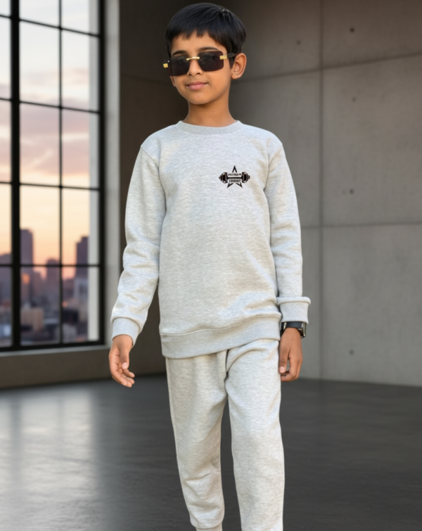 a1e1bea78b5a2b9ef66218c68b6a1eb7 Grey Printed Fleece Winter Kids Tracksuit | Warm Sweatshirt & Trouser Set for Boys & Girls – Soft, Cozy & Stylish OutfitFOR BABY AND KIDS