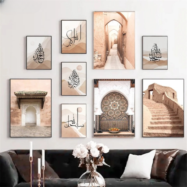 a4a0054548a6497a3910f751c4a461bf Modern Islamic Wall Art Set – 9 Framed Prints Featuring Arabic Calligraphy & Cultural Photography