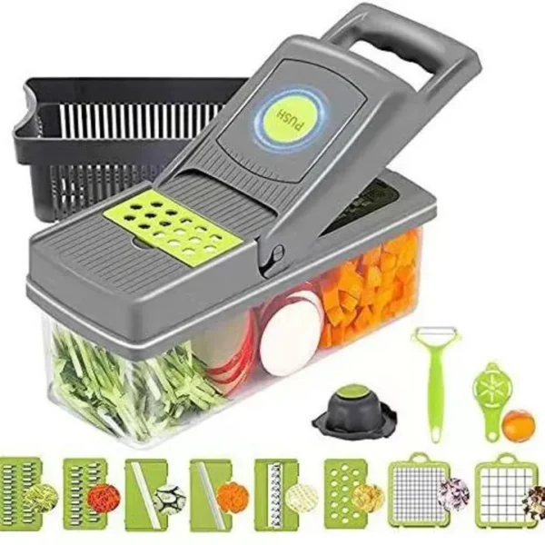 Vegetable Chopper 16 Pcs Set – Manual Onion Chopper, Food Slicer, Dicer, Grater & Potato Cutter with Handle – Multi-Function Kitchen Tool