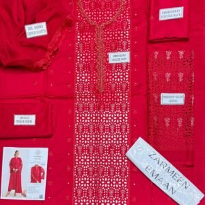 a7bac12b632aaff7fabcebfb879dd5d2 Zarmeen Emaan Fancy Embroidered Shirt Front Back Sleeves Daman Patch Handmade Neckline With Premium Viscose Trouser And Pure Bamber Chiffon Dupatta
