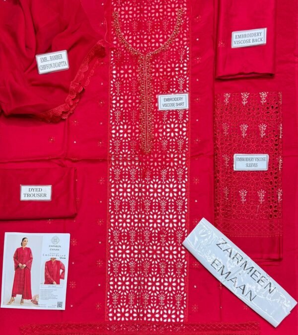 a7bac12b632aaff7fabcebfb879dd5d2 Zarmeen Emaan Fancy Embroidered Shirt Front Back Sleeves Daman Patch Handmade Neckline With Premium Viscose Trouser And Pure Bamber Chiffon Dupatta