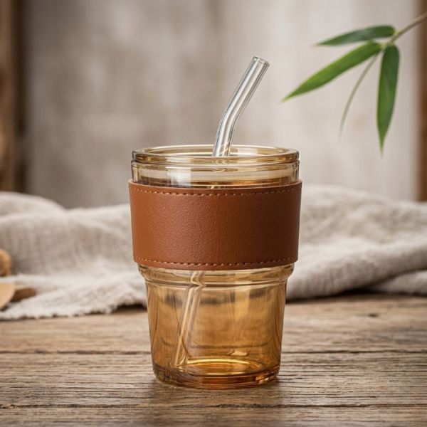 a975cacdf2f6d28b1469fc9b59db750d Premium Amber Glass Coffee Tumbler – Travel Mug with Leather Heat Sleeve, Glass Straw (400ml)