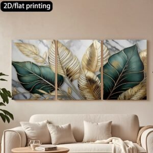 aecdb5a0bc412b9c70b92af5445165cf Modern 3-Piece Tropical Leaf Wall Frame Set – Gold & Green on Marble Background