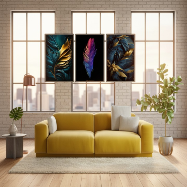 b288c1051a3a86a2579542442e5bad5d 3-Piece Feather Design Wall Art Frames – Modern Decorative Wall Hanging Set, 8x11 Inches Each with Double Tape for Easy Installation