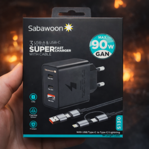 b73b896ee827004938a9b3edf5a0ab50 Sabawoon S130 90W GaN Super Fast Charger – 3 Port USB & Type-C Fast Charging Adapter with Cable