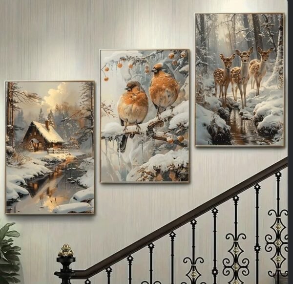 b8776e84dd489e6b64076b31a0f20c58 Serene 3-Piece Winter Nature Wall Frame Set – Cabin, Birds & Deer in Snow