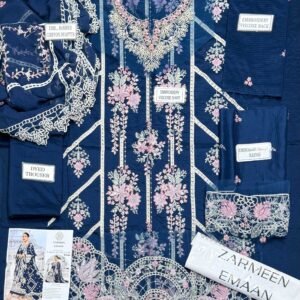 b8b75f2eada019211a17199a486172b3 Zarmeen Emaan Luxury Embroidered Shirt Front Back Sleeves Laces Neckline Daman Patch Premium Viscose Trouser Pure Bamber Dupatta