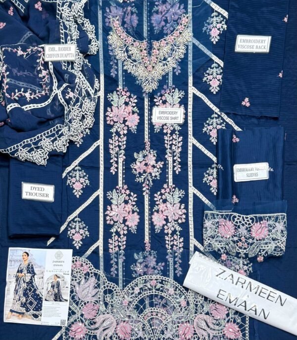 Zarmeen Emaan Luxury Embroidered Shirt Front Back Sleeves Laces Neckline Daman Patch Premium Viscose Trouser Pure Bamber Dupatta