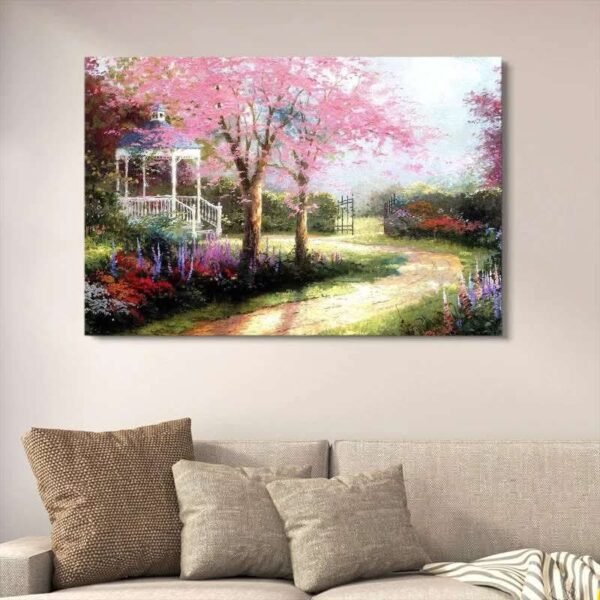 b9d865c1409a0d85291aa0314ba644d7 Pink Cherry Blossom Garden Wall Decor | Romantic Gazebo Landscape Painting | Wooden Art Frame 12x16 Inches