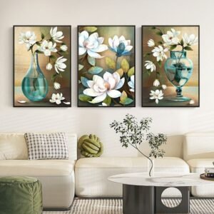 bc30ca5db53940af330392ce9e4f0f81 Elegant 3-Piece Floral Wall Frame Set – White Blossoms & Teal Vase Art