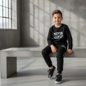 be2bbe385f29fc18c96e03e898d81622 Kids “Never Give Up” Printed Black & Black Tracksuit Set | Winter Fleece Sweatshirt & Trouser Outfit for Boys & Girls – Warm & Motivational FOR BABY AND KIDS