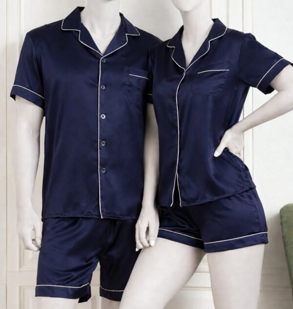 c178aadf11e784692cb798b6de657b72 Couple Night Dress Silk Pajama Set – Short Sleeve Shirt & Shorts (4 Pcs) | SKU DC-C014