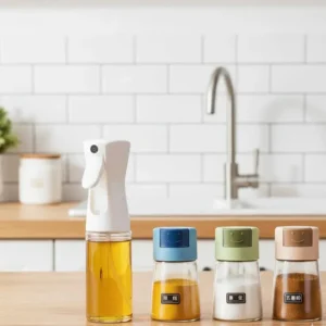 c6116d4312d369add3ef7c974c1f5e55 4Pcs Oil And Spice Countertop Set Daisy Glass Seasoning Organizer With 3 Jars 180ml And 1 Oil Bottle 245ml