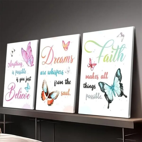 Believe, Dream, Faith – 3-Piece Inspirational Butterfly Wall Art Set (8x11 inch)