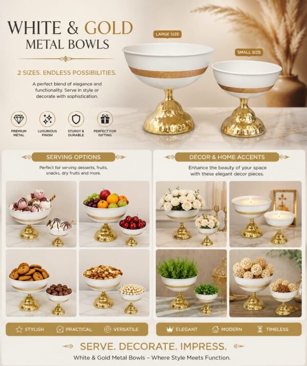 ce8f44822d6a95f1a11c0e12f44ad11c Luxury Metal Decorative Bowl White & Gold Finish | Premium Centerpiece Bowl for Home Decor, Dining Table & Gift Use | Size 25x25x25cm
