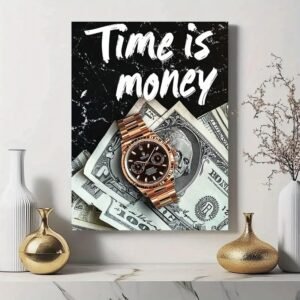 ced5da238bb75b180e495882a4e14f45 Time is Money Wall Art Frame – Inch Wooden Sticky Tile with Watch & Dollar Design, Self-Adhesive Home Decor
