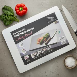 d1d82208a681860ff181bd6fb71b5fa8 Marble Cutting Board Slab with Pure Stainless Steel Fitting – Non-Magnetic | 30 x 40 cm