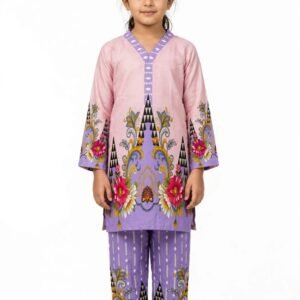 Girls Purple Printed Stitched Co Ord Set With Long Sleeve Shirt And Matching Trouser