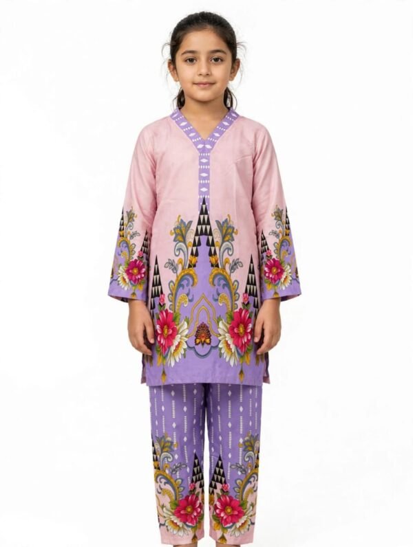 d1dc9785608797aa192100d0dc54d8b8 Girls Purple Printed Stitched Co Ord Set With Long Sleeve Shirt And Matching Trouser