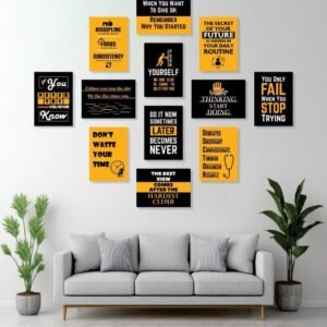 Yellow And Black Motivational Wall Art Posters 12 Pcs Set Wooden Sticky Tiles 5x7 Inches Easy Mounting