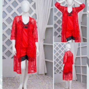 d858b1a25e738dc5ba49ed13e560cb6b 3 Pcs Luxurious Silk & Net Black Lace Women's Sleepwear Set Top Short & Gown Nightwear (Free Size)